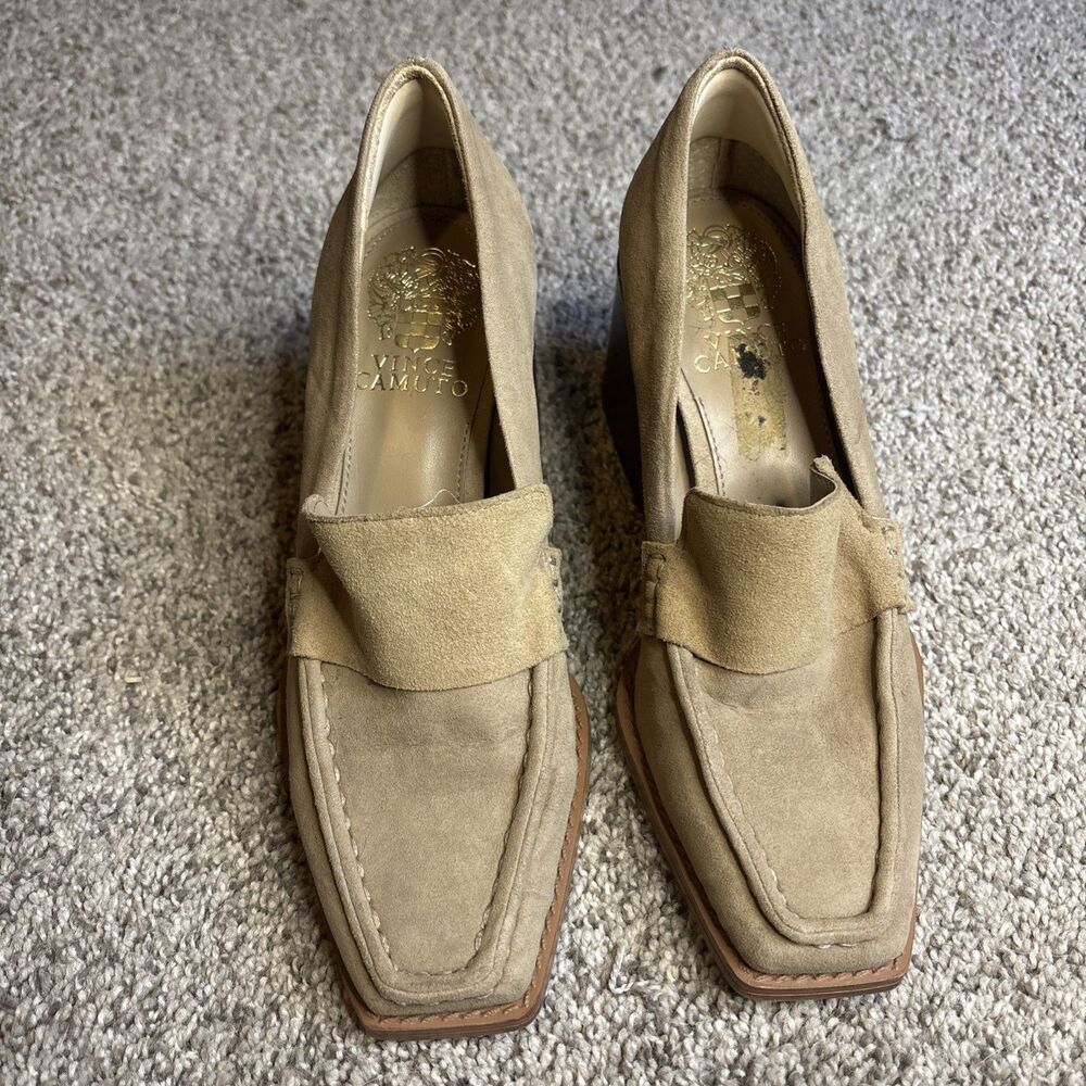Vince Camuto 5M Segellis Pointed Toe Block Heeled Loafers Tortilla Suede Leather - Picture 2 of 8